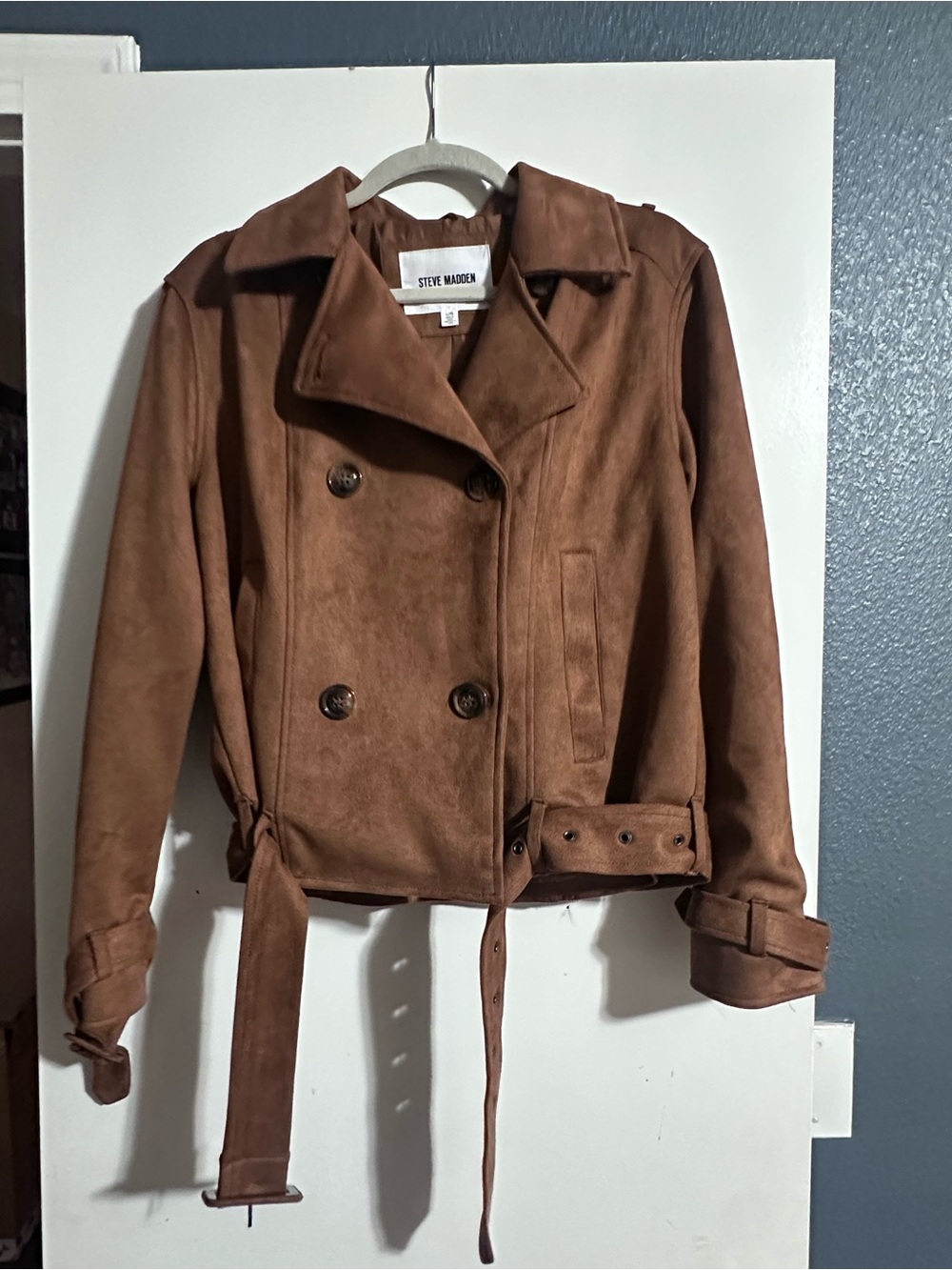 Steve Madden Brown Suede Double-Breasted Trench Coat with Belt